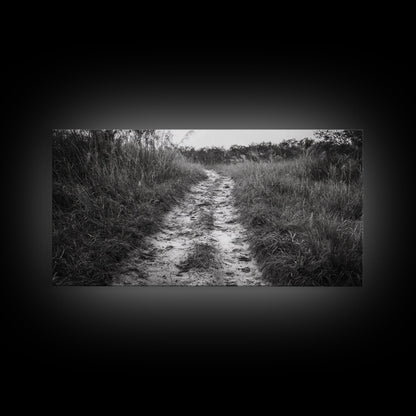 Naturpfad, minimalistische Naturfotografie, ländliche Landschaft, rustikale Herbst-Wandkunst, neutrale Wohndekoration, gerahmter Leinwanddruck