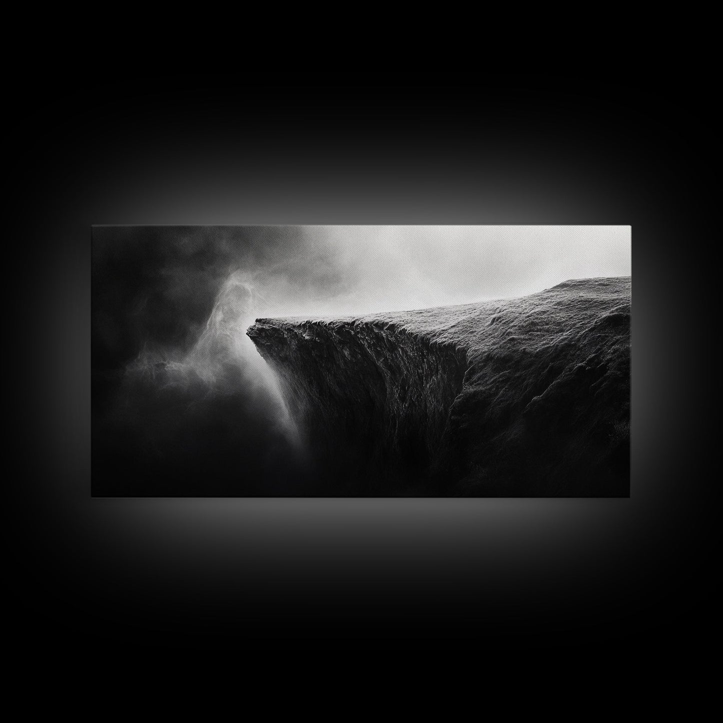 Misty Cliff, Fantasy Landscape, Monochrome Art, Mysterious Edge, Canvas Print, Moody Wall Decor, Bedroom Wall Art, Dark Nature Photography