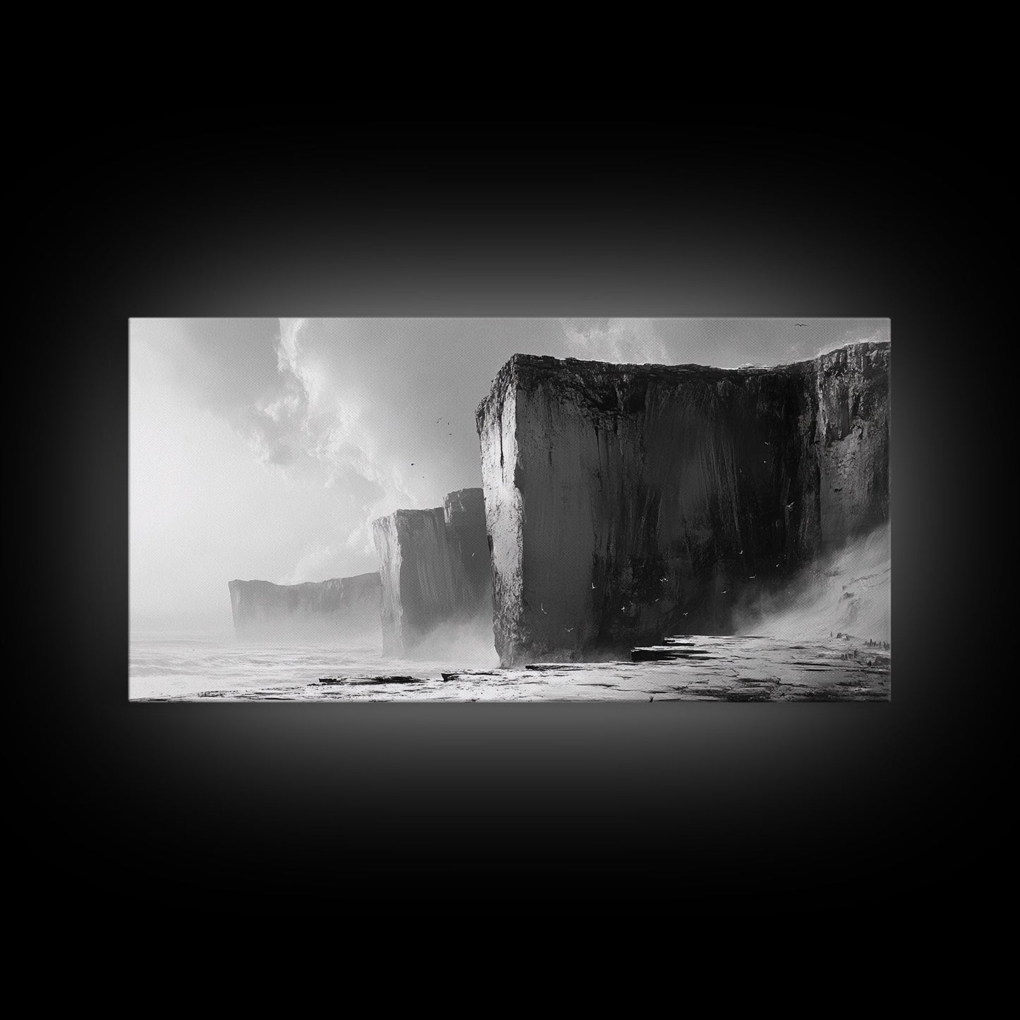 Ocean Cliffs, Towering Rock, Misty Coast, Rugged Seascape, Canvas Print, Moody Wall Art, Office Decor, Dramatic Landscape, Office Decor