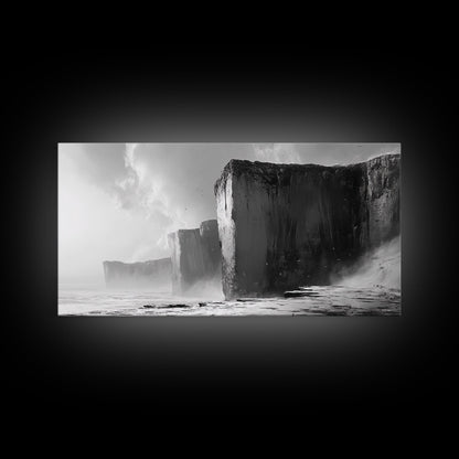 Ocean Cliffs, Towering Rock, Misty Coast, Rugged Seascape, Canvas Print, Moody Wall Art, Office Decor, Dramatic Landscape, Office Decor