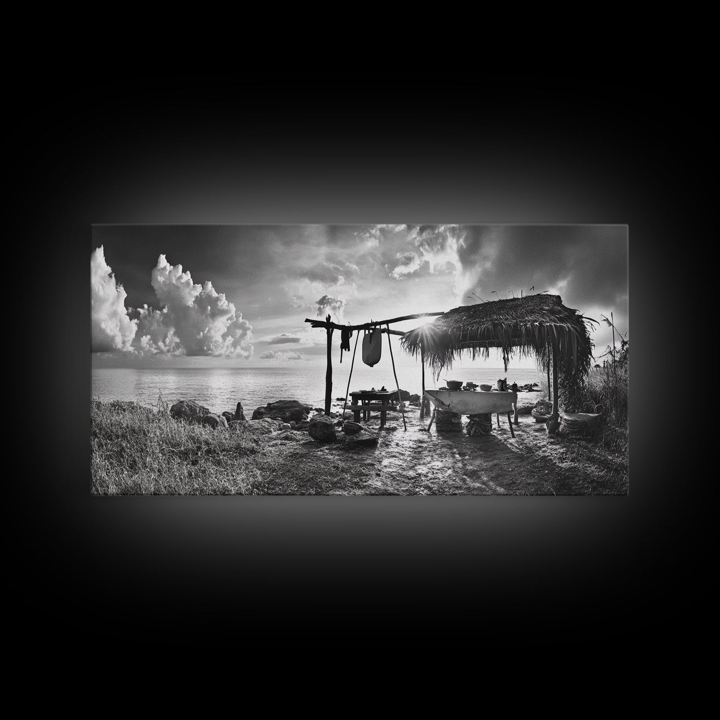 Beach Shack, Driftwood Table, Seaside Shelter, Sun Rays, Canvas Print, Rustic Coastal Art, Boho Decor, Dining Room Wall Art, Cabin Wall Art