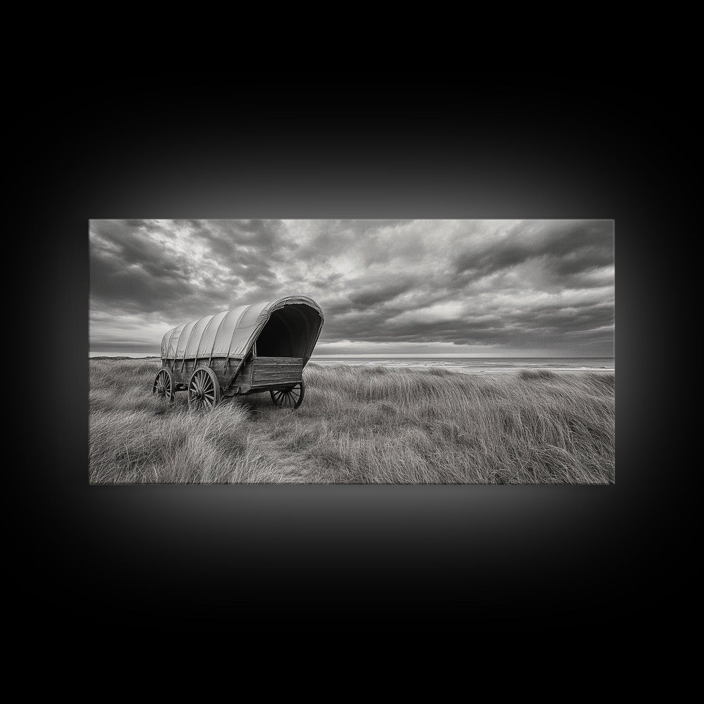 Prairie Wagon, Coastal Grass, Covered Cart, Western Landscape, Framed Canvas Print, Rustic Fall Art, Living Room Wall Decor
