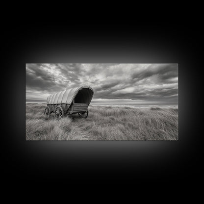 Prairie Wagon, Coastal Grass, Covered Cart, Western Landscape, Framed Canvas Print, Rustic Fall Art, Living Room Wall Decor