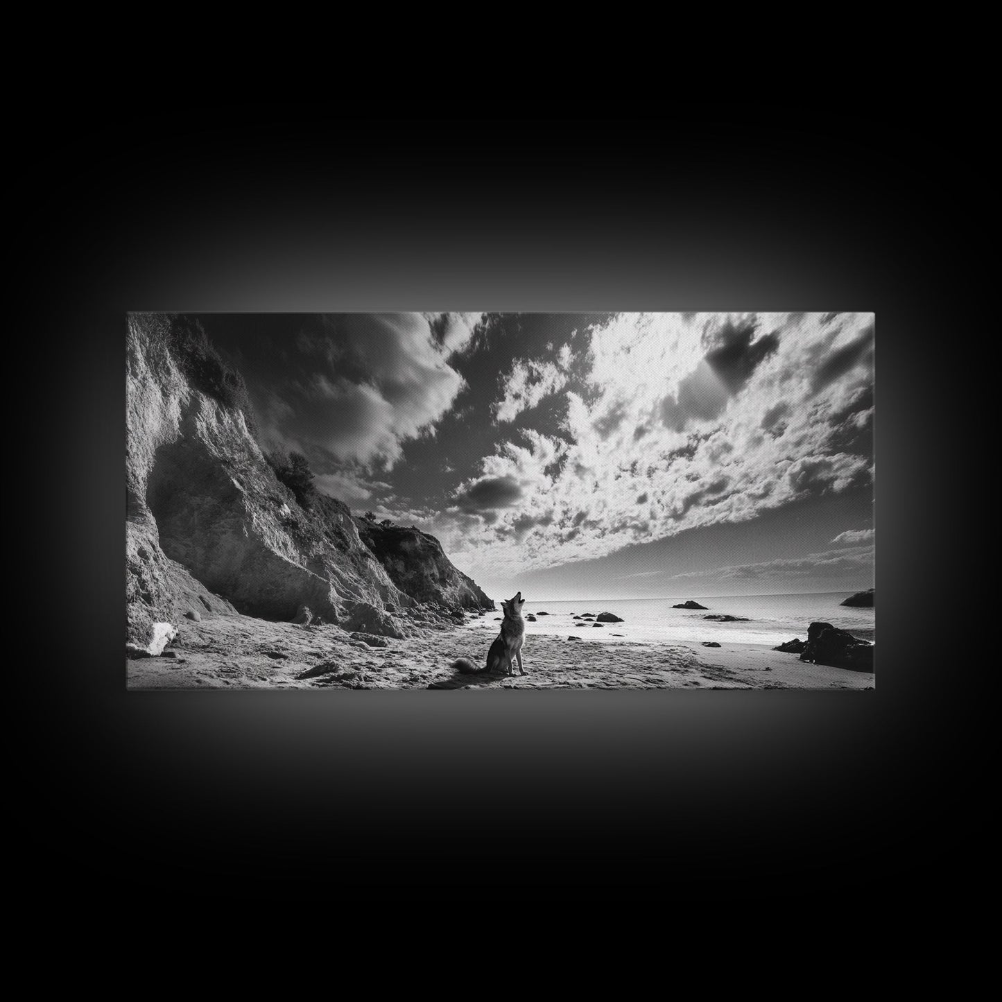 Howling Dog, Seaside Cliffs, Cloudy Sky, Wild Beach, Canvas Print, Nature Animal Art, Rustic Fall Wall Decor, Entryway Accent, Bedroom Wall Art