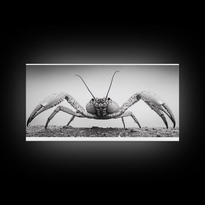 Crab Art, Beach Creature, Monochrome Photography, Nature Close-Up, Framed Canvas Print, Coastal Bathroom Art, Marine Home Style