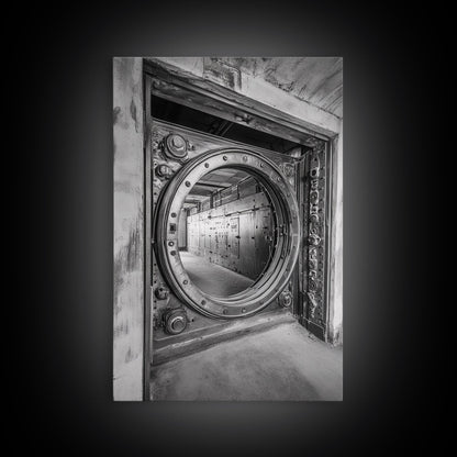 Bank Vault Door, Industrial Design, Urban Texture, Canvas Print, Masculine Office Decor, Steampunk Wall Art, Black White Print