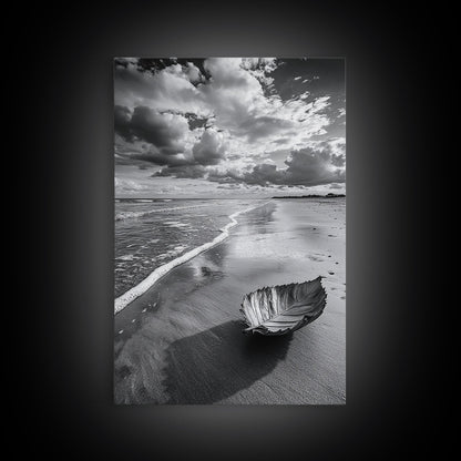 Autumn Beach Leaf, Drift Shore, Moody Cloudscape, Black and White Fall Art, Framed Canvas Print, Seasonal Wall Decor, Rustic Autumn Style