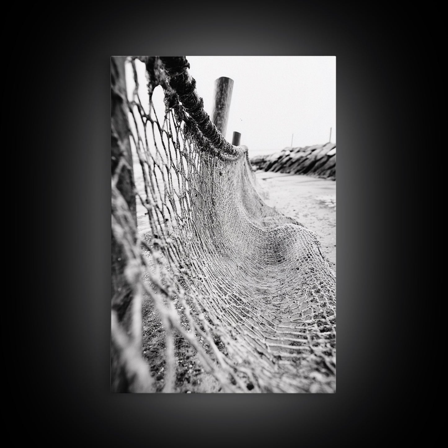Coastal Net, Beach Texture, Nautical Vibe, Ocean Fence, Framed Canvas Print, Bathroom Wall Art, Coastal Cottage Style, Monochrome Beach Art