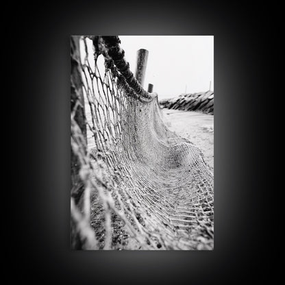 Coastal Net, Beach Texture, Nautical Vibe, Ocean Fence, Framed Canvas Print, Bathroom Wall Art, Coastal Cottage Style, Monochrome Beach Art