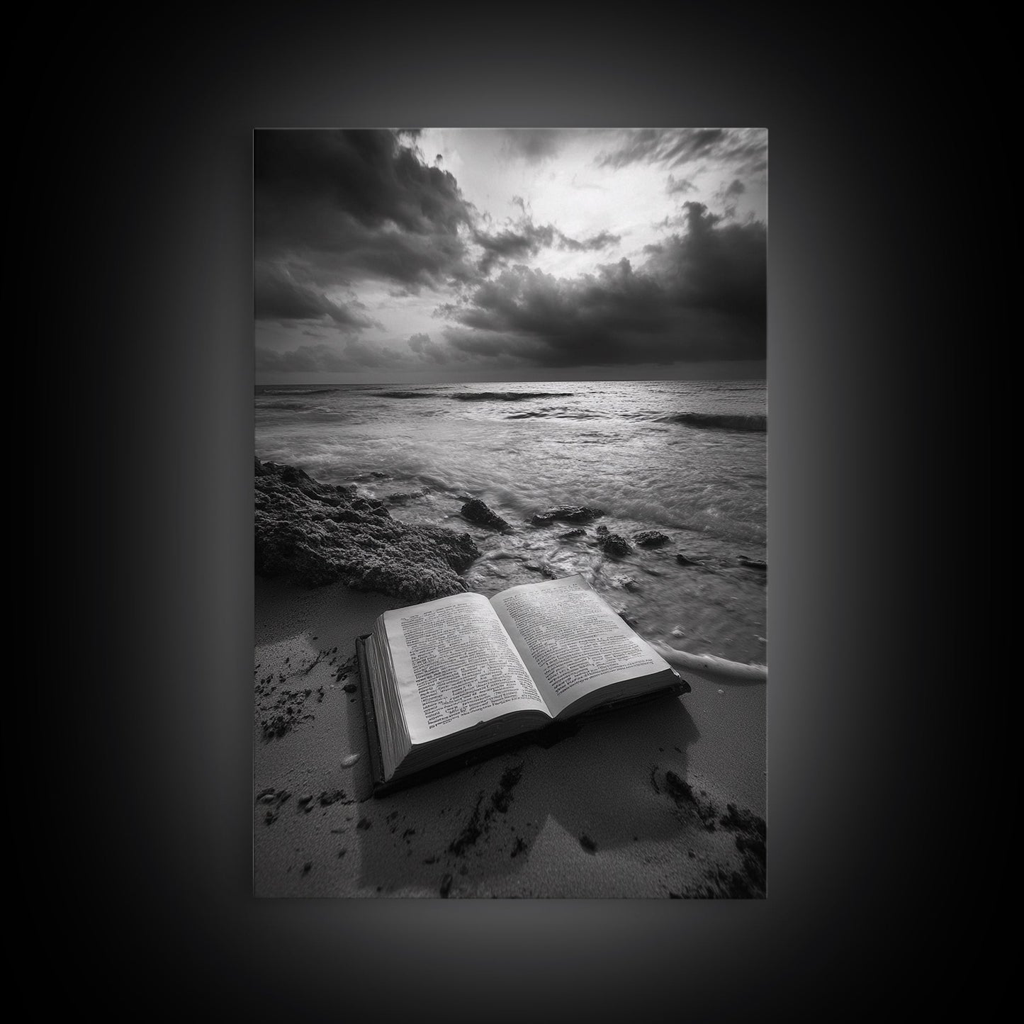 Book Beach Twilight, Reading By Ocean, Literary Seascape, Canvas Print, Study Wall Art, Moody Literary Art, Minimalist Coastal Decor