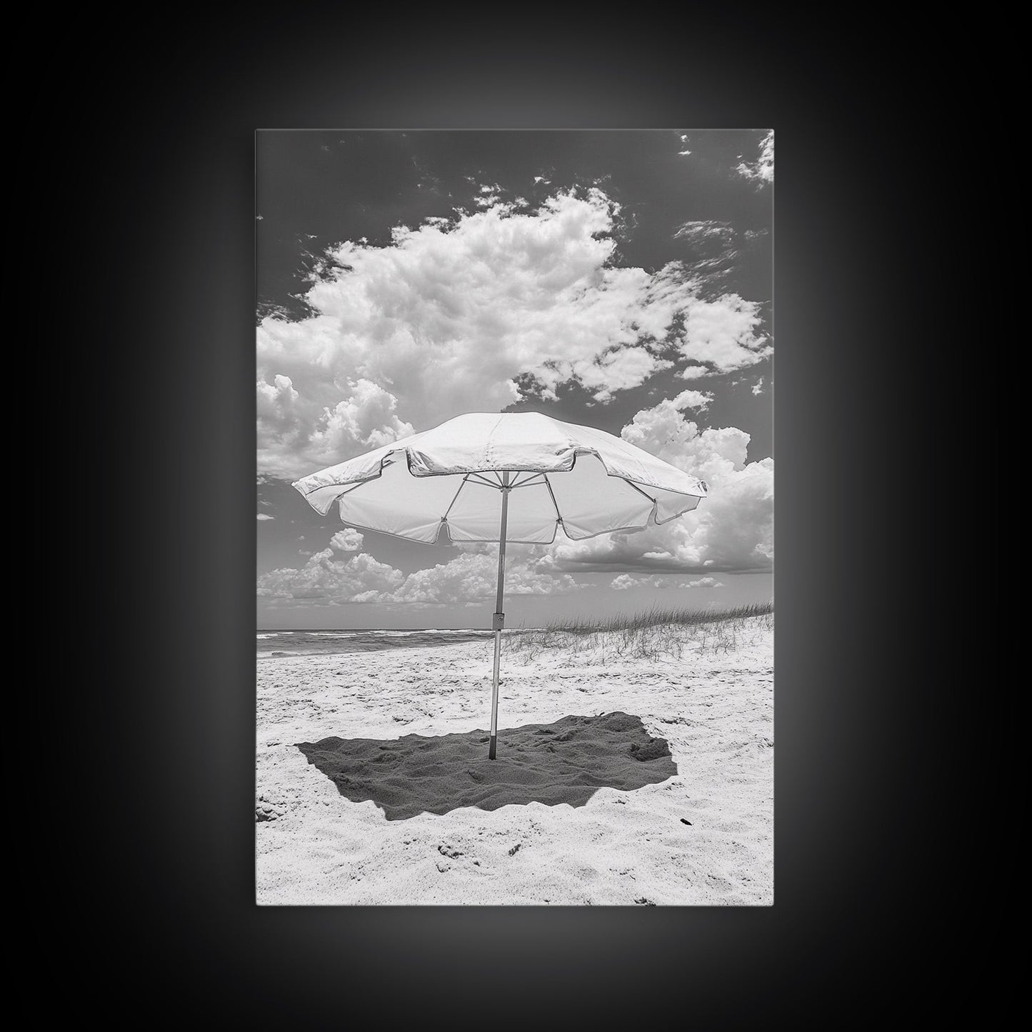 Beach Umbrella, Sunny Escape, Coastal Cloudscape, Framed Canvas Print, Summer Vibe Wall Art, Outdoor Living Decor, Travel Mood