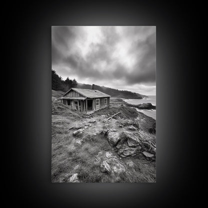 Abandoned Cabin, Coastal Cliff, Moody Landscape, Autumn Wall Art, Framed Canvas Print, Living Room Rustic Art, Farmhouse Aesthetic