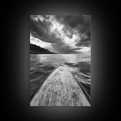 Stormy Sea, Paddle Board, Dramatic Sky, Ocean Adventure, Framed Canvas Print, Den Wall Art, Nautical Minimalist Decor, bedroom wall art