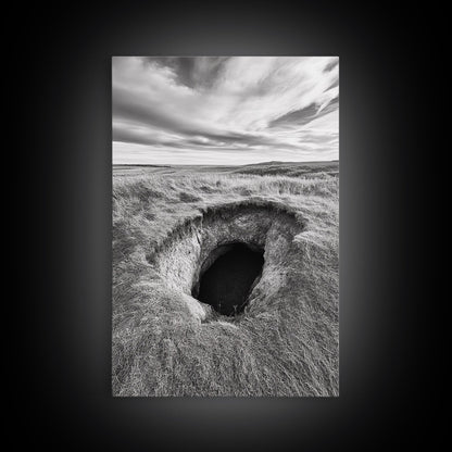 Burrow Entrance, Hidden Hole, Grassland Tunnel, Canvas Print, Nature Wall Art, Living Room Decor, Black White Landscape Photography