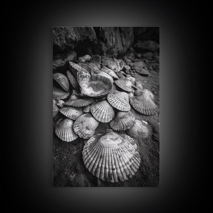 Seashell Pile, Textured Beach, Coastal Treasures, Natural Beauty Framed Canvas Print, bathroom decor, shell art, beach wall style