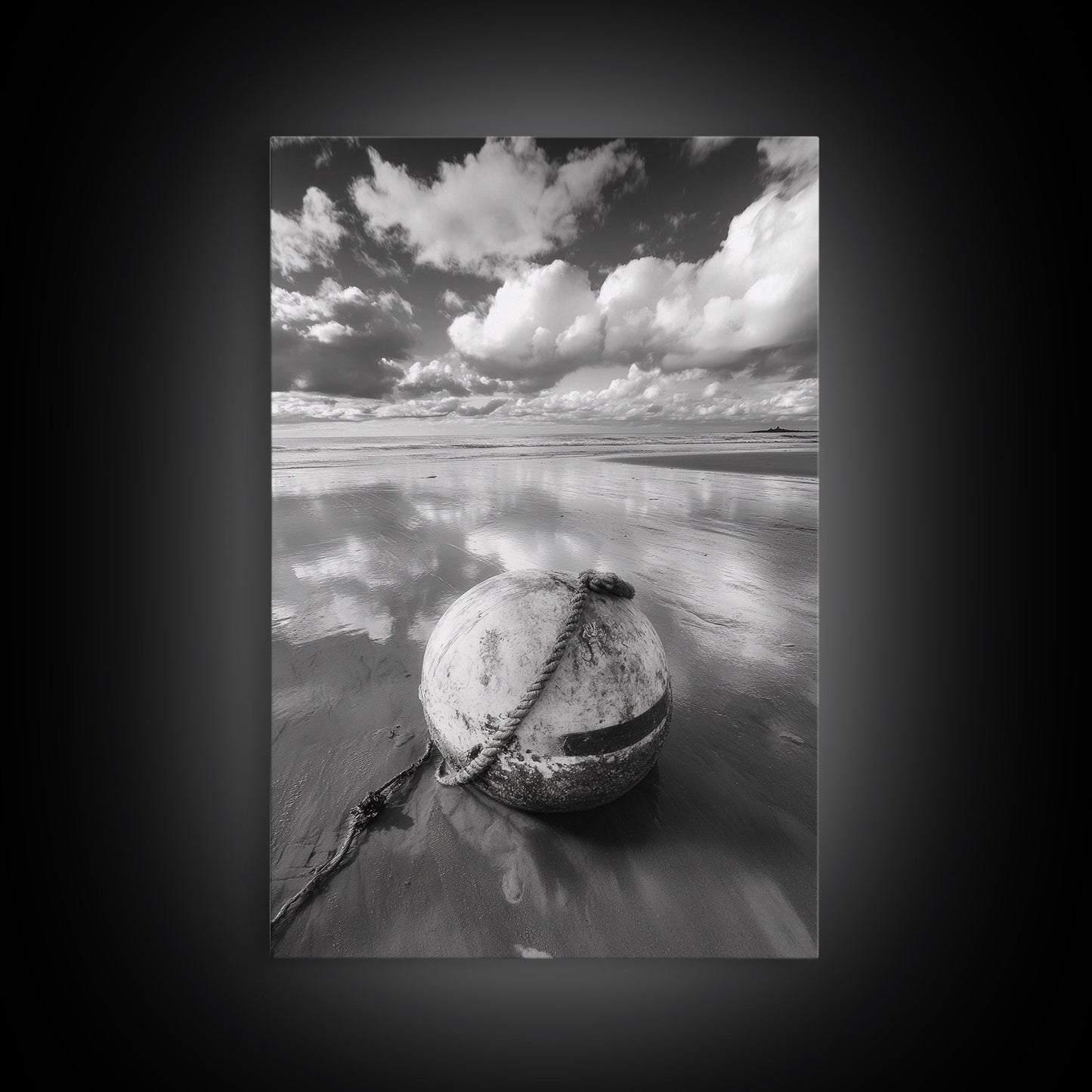 Washed buoy shore, coastal solitude, beach reflections, nautical simplicity, Framed Canvas Print, guest room art, seaside rustic wall decor