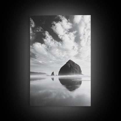 Iconic sea stack, Oregon coast art, tranquil reflections, dramatic clouds, Canvas Print, bedroom wall art, modern coastal minimalist decor
