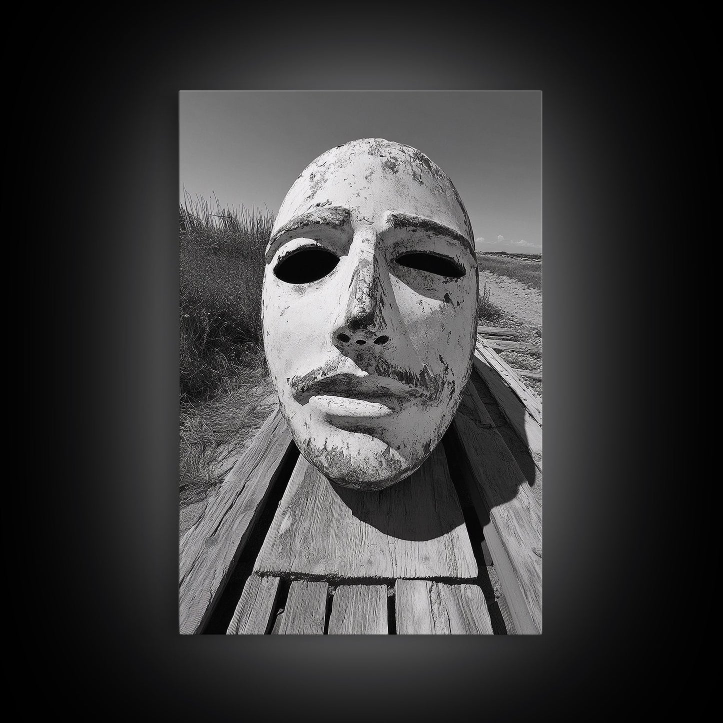 Weathered Mask, Coastal Surreal, Driftwood Dream, Canvas Print, Abstract Wall Art, Rustic Home Decor, Boho Artistic Style