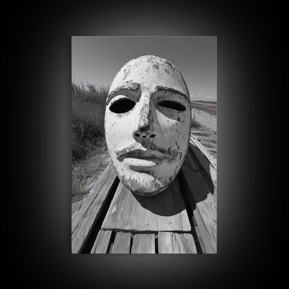 Weathered Mask, Coastal Surreal, Driftwood Dream, Canvas Print, Abstract Wall Art, Rustic Home Decor, Boho Artistic Style