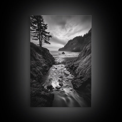 River Meets Sea, Forest Coast, Rugged Beauty, Sunset Flow, Canvas Print, Nature Wall Art, Moody Living Room Landscape