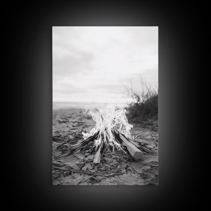 Campfire, Beach, Smoke, Glow - Cozy outdoor scene with flickering flame, Canvas Print, perfect rustic cabin or camping decor, Autumn Wall Art
