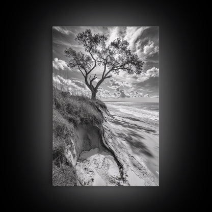 Coastal Tree Scene, Wind Swept Dune, Ocean Beach Horizon, Autumn Coastal Wall Art, Framed Canvas Print, Nature Lover Home Decor