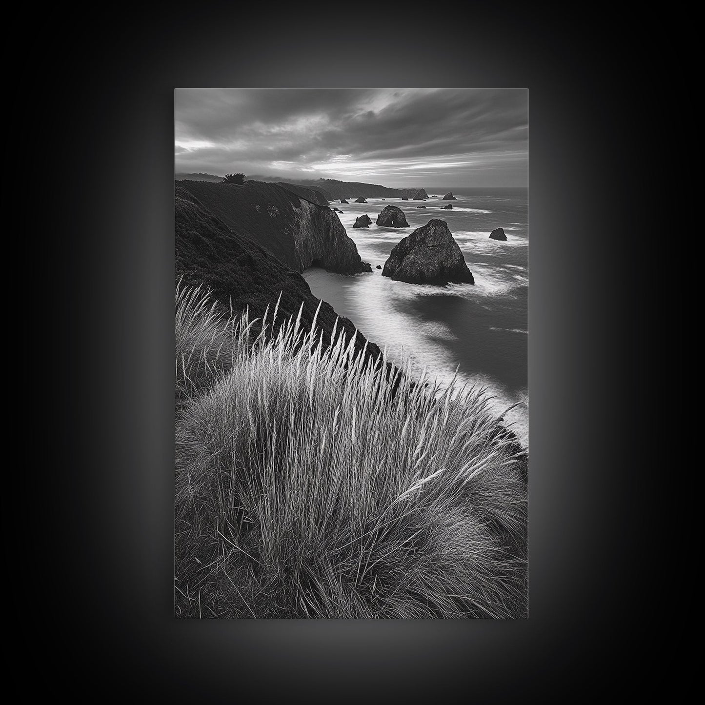 Coastal Cliffs, Ocean Rocks, Tall Grass, Canvas Print, Windswept Landscape Art, Beach House Wall Decor, Monochrome Nature Scene