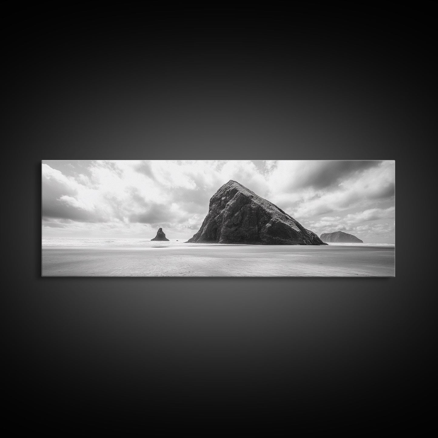 Sea Stack, Beach Horizon, Dramatic Sky, Monochrome Seascape, Framed Canvas Print, Coastal Wall Art, Modern Minimalist Entryway Decor