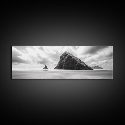 Sea Stack, Beach Horizon, Dramatic Sky, Monochrome Seascape, Framed Canvas Print, Coastal Wall Art, Modern Minimalist Entryway Decor