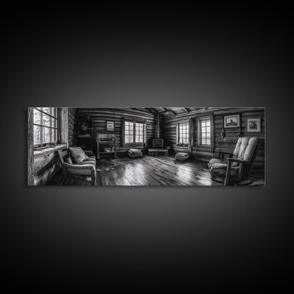 Rustic Cabin, Cozy Interior, Nature Retreat, Framed Canvas Print, Living Room Wall Art, Black and White Photography, Lodge Decor