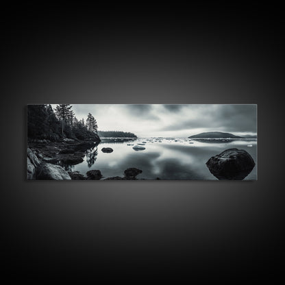Arctic Shore, Ice Reflections, Northern Coastline, Framed Canvas Print, Moody ocean art, Coastal decor, Living room wall art, Monochrome nature