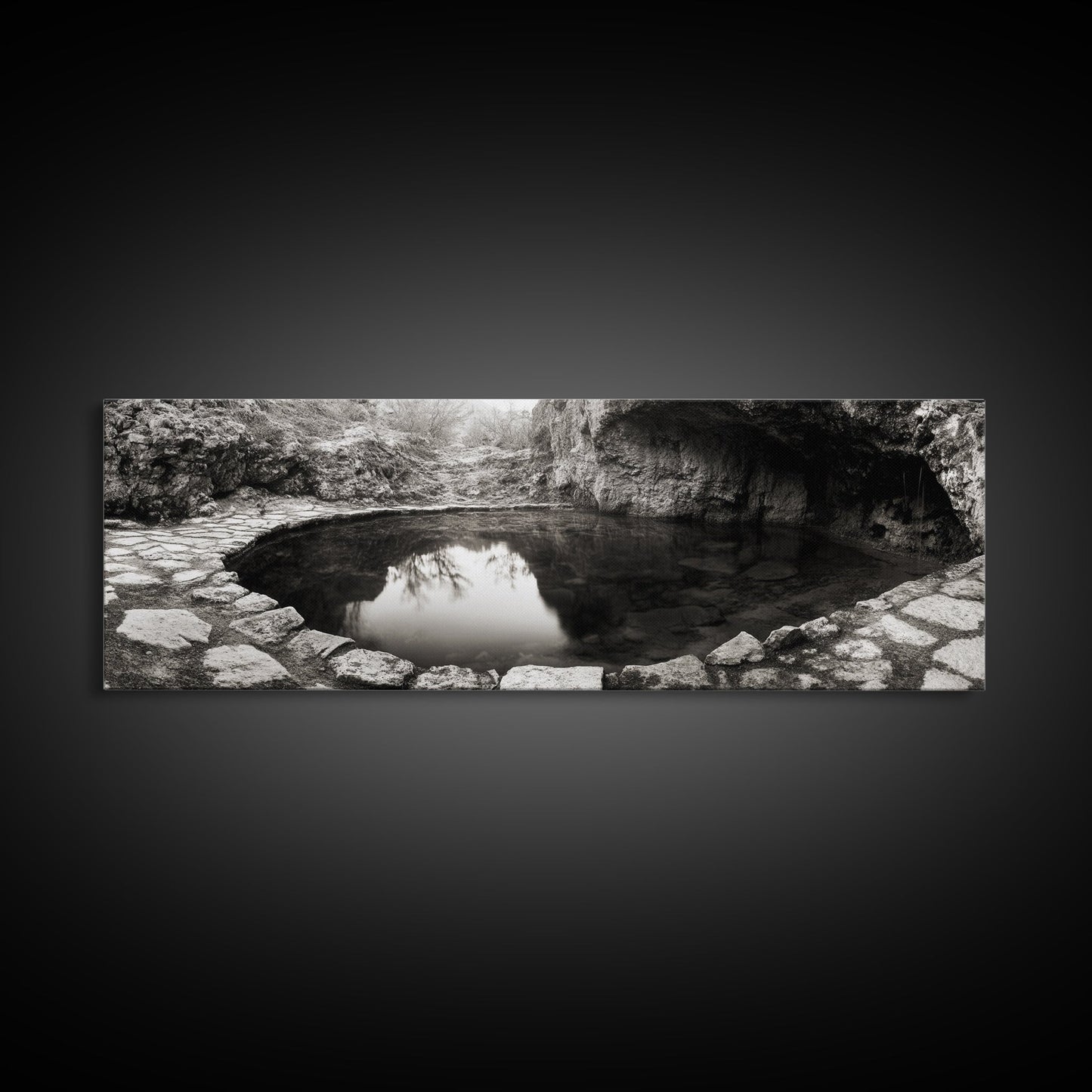 Steinbecken, Stille Spiegelung, Naturfotografie, Zen-Atmosphäre, Gerahmter Leinwanddruck, Wandbild fürs Badezimmer, Rustikale Dekoration, Ruhige Wohnatmosphäre