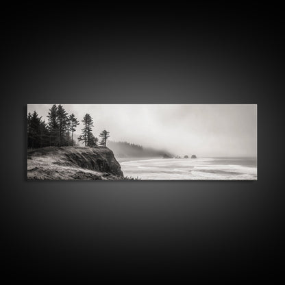 Foggy Pines, Ocean Horizon, Coastal Landscape, Moody Beach Scene, Canvas Print, Bedroom Wall Art, Rustic Cabin Decor, Nature Photography