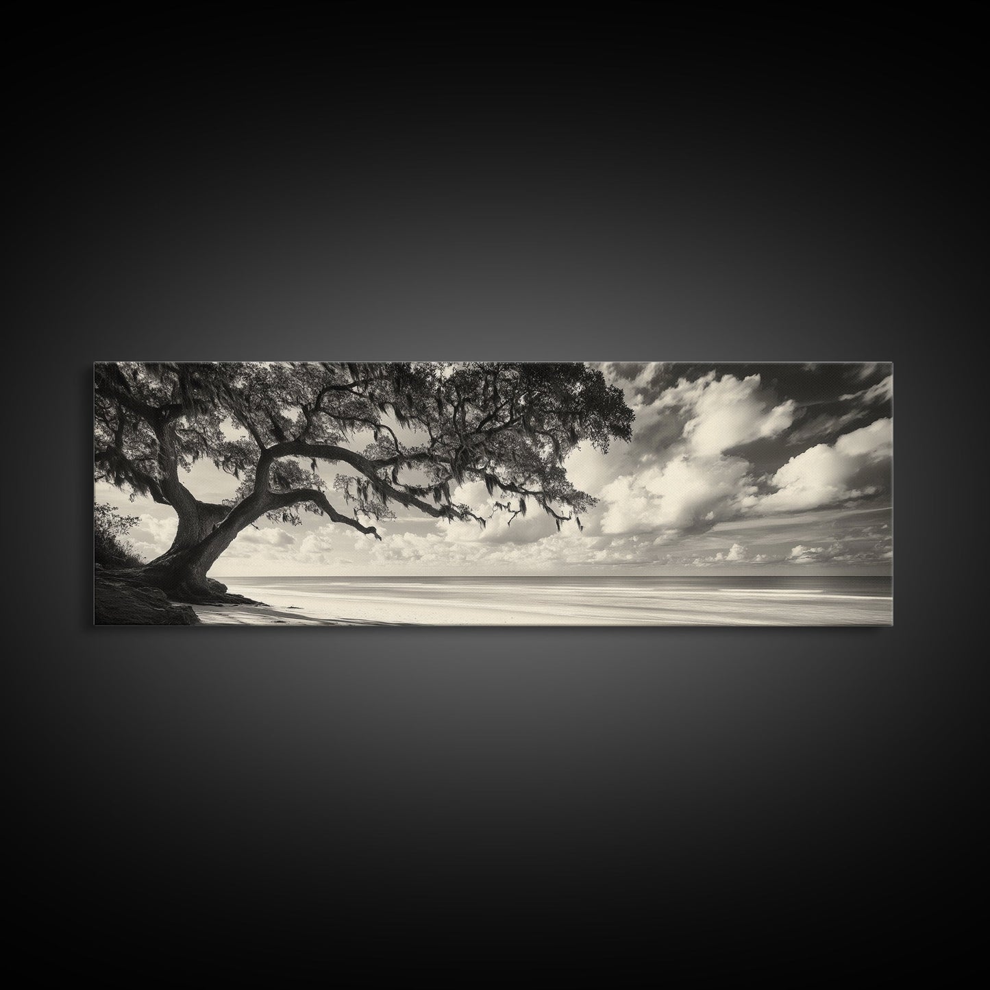 Südliche Eiche, Küstenbaum, Strandidylle, idyllische Landschaft, Leinwanddruck, neutrale Wohnzimmerkunst, Boho-Naturdekor, Strandwandkunst