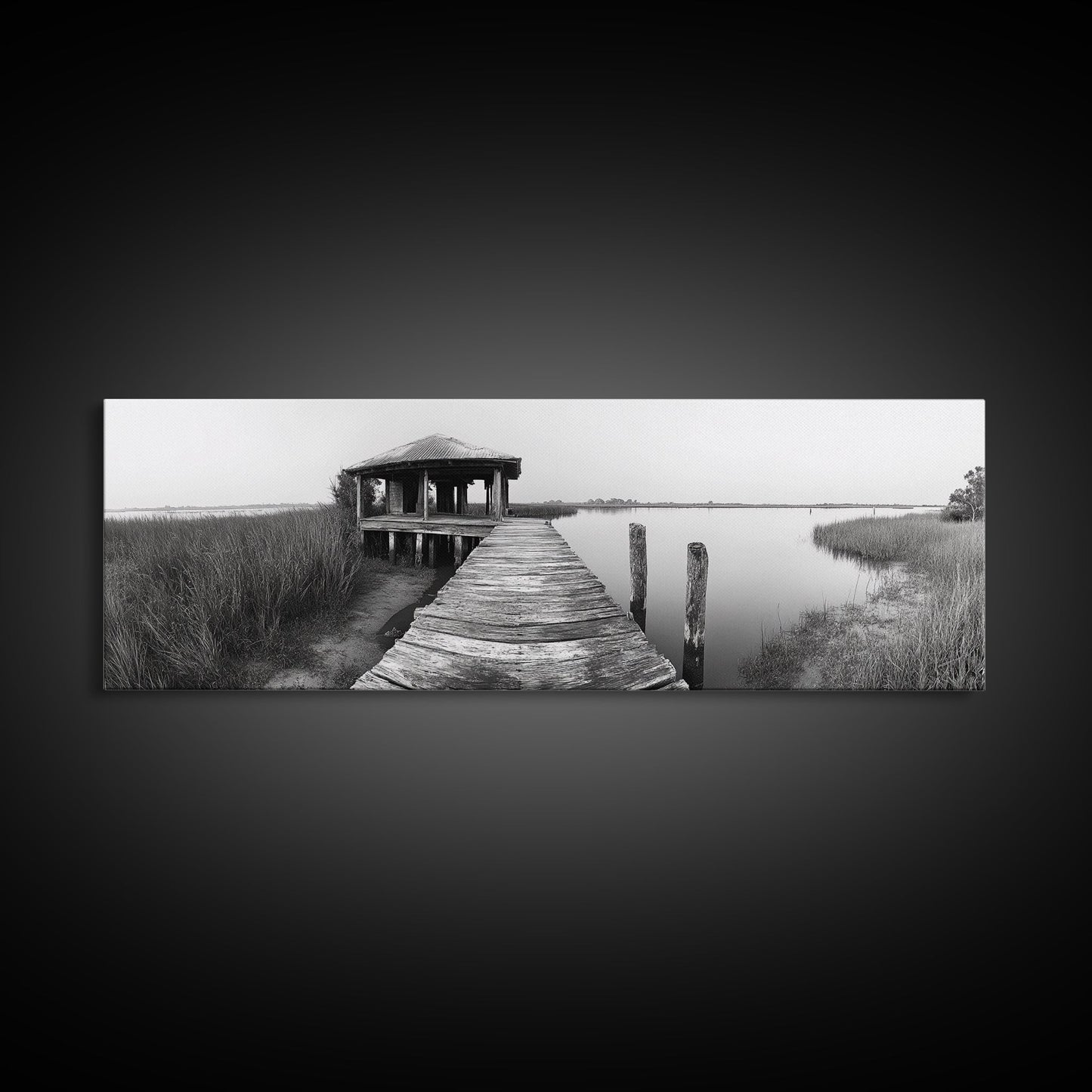 Abandoned Pier, Lakeside Shack, Black and White Marsh, Framed Canvas Print, Rustic Entryway Art, Minimalist Coastal Cabin Decor