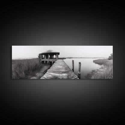 Abandoned Pier, Lakeside Shack, Black and White Marsh, Framed Canvas Print, Rustic Entryway Art, Minimalist Coastal Cabin Decor