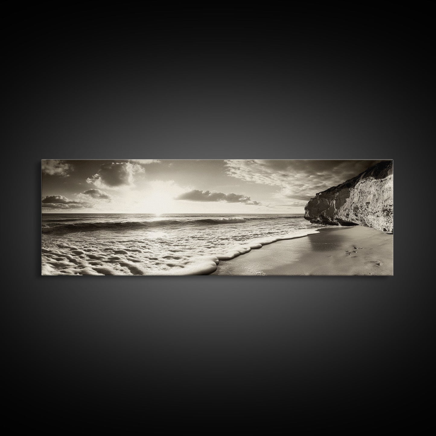 Cliff Coastline, Ocean Sunset, Beach Waves, Framed Canvas Print, seascape wall art, coastal bedroom decor, relaxing nature vibe, neutral art