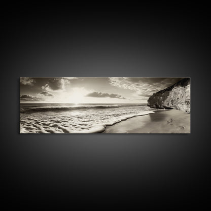 Cliff Coastline, Ocean Sunset, Beach Waves, Framed Canvas Print, seascape wall art, coastal bedroom decor, relaxing nature vibe, neutral art