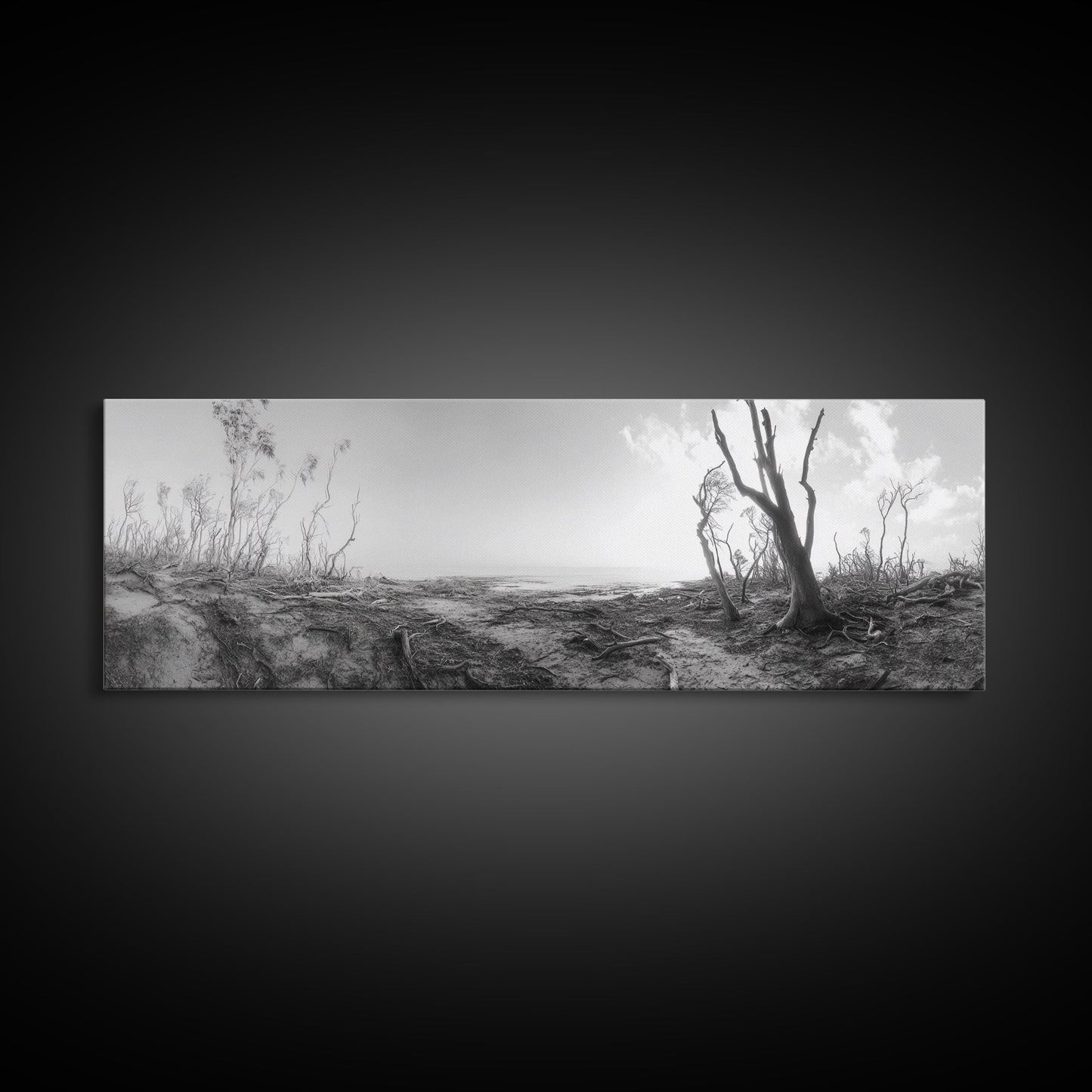 Windswept Coastal Trees, Driftwood Beach Landscape, Black White Canvas Print, Autumn Wall Art, Nature-Inspired Living Room Decor