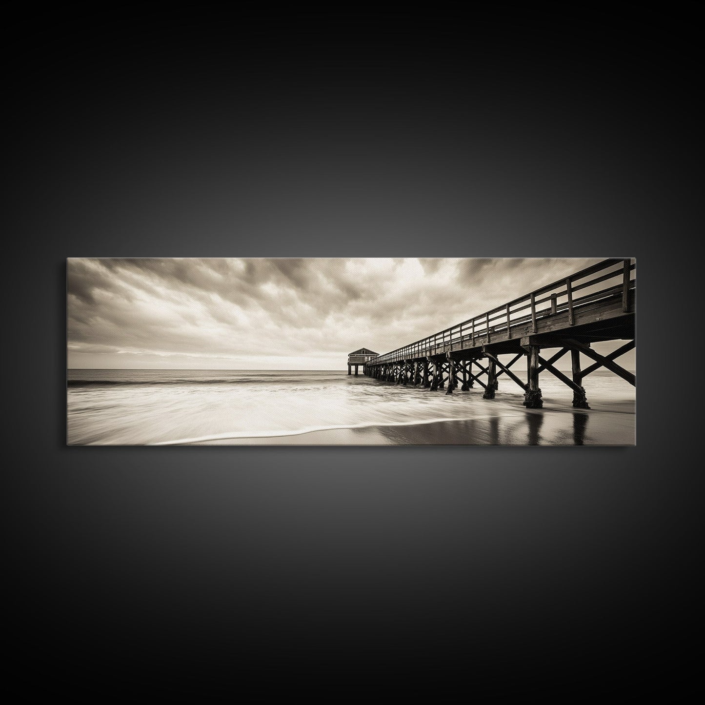 Pier at Dusk, Ocean Boardwalk, Stormy Beach Horizon, Framed Canvas Print, Moody Coastal Wall Art, Nautical Living Room Decor