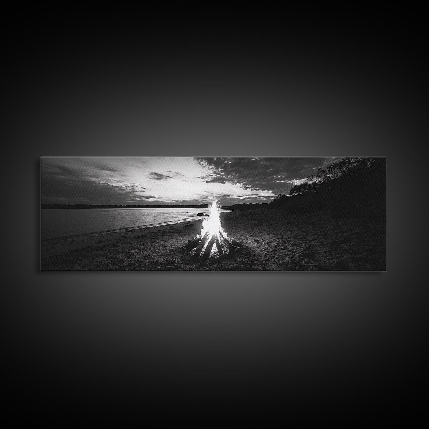 Beach Bonfire, Sunset Glow, Autumn Shoreline, Firelight Sky, Canvas Print, Fall beach decor, cozy wall art, rustic art, lake house style