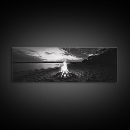 Beach Bonfire, Sunset Glow, Autumn Shoreline, Firelight Sky, Canvas Print, Fall beach decor, cozy wall art, rustic art, lake house style