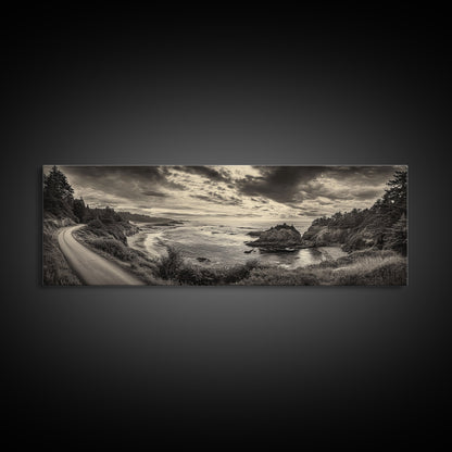 Coastal Road, Ocean Sunset, Rocky Shoreline, Framed Canvas Print, Moody Landscape Photography, Living Room Wall Art, Rustic Nature Decor