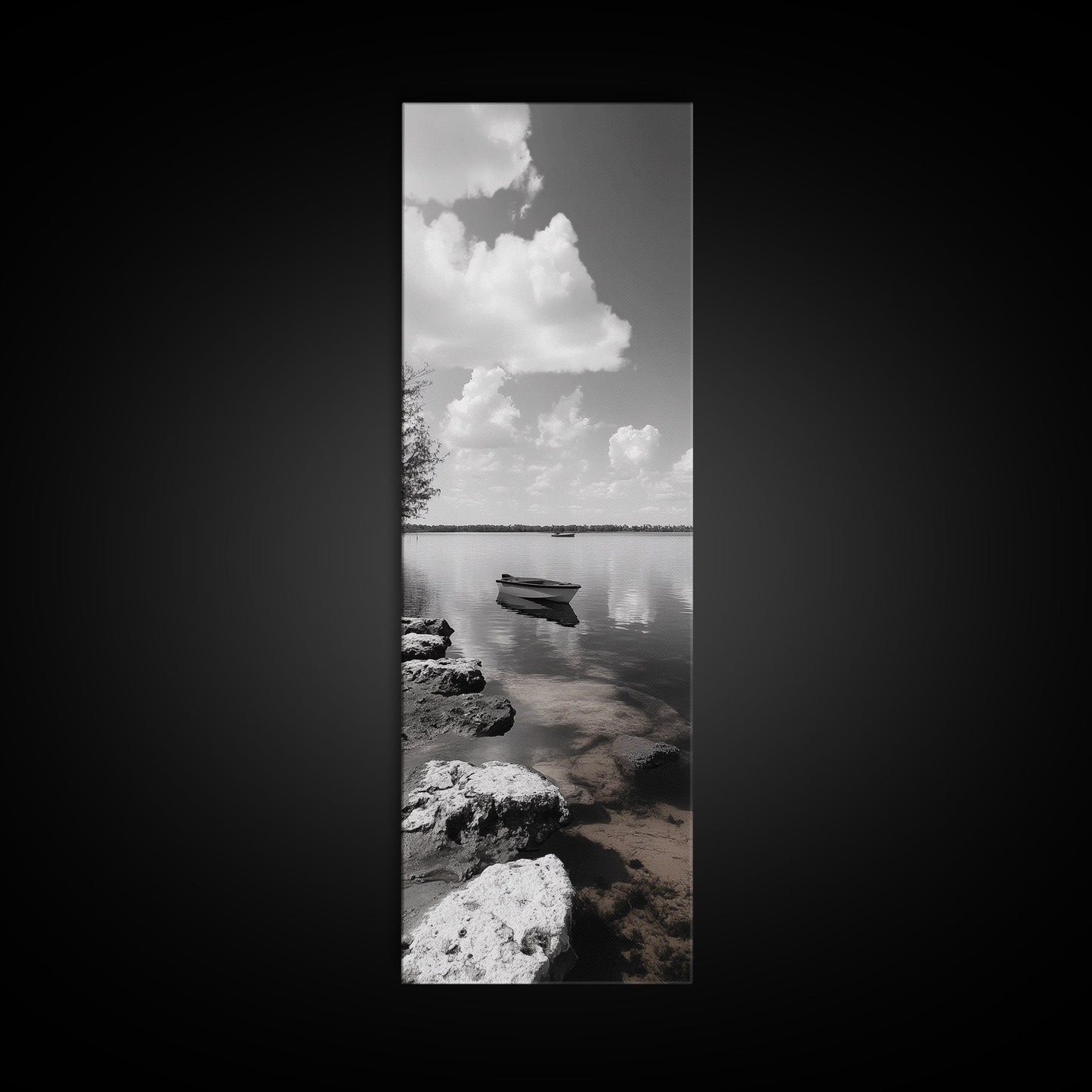 Monochrome Boat Lake, Peaceful Dockside, Still Waters, Minimal Calm, Framed Canvas Print, Bedroom Wall Art, Black White Photography