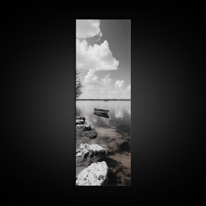 Monochrome Boat Lake, Peaceful Dockside, Still Waters, Minimal Calm, Framed Canvas Print, Bedroom Wall Art, Black White Photography