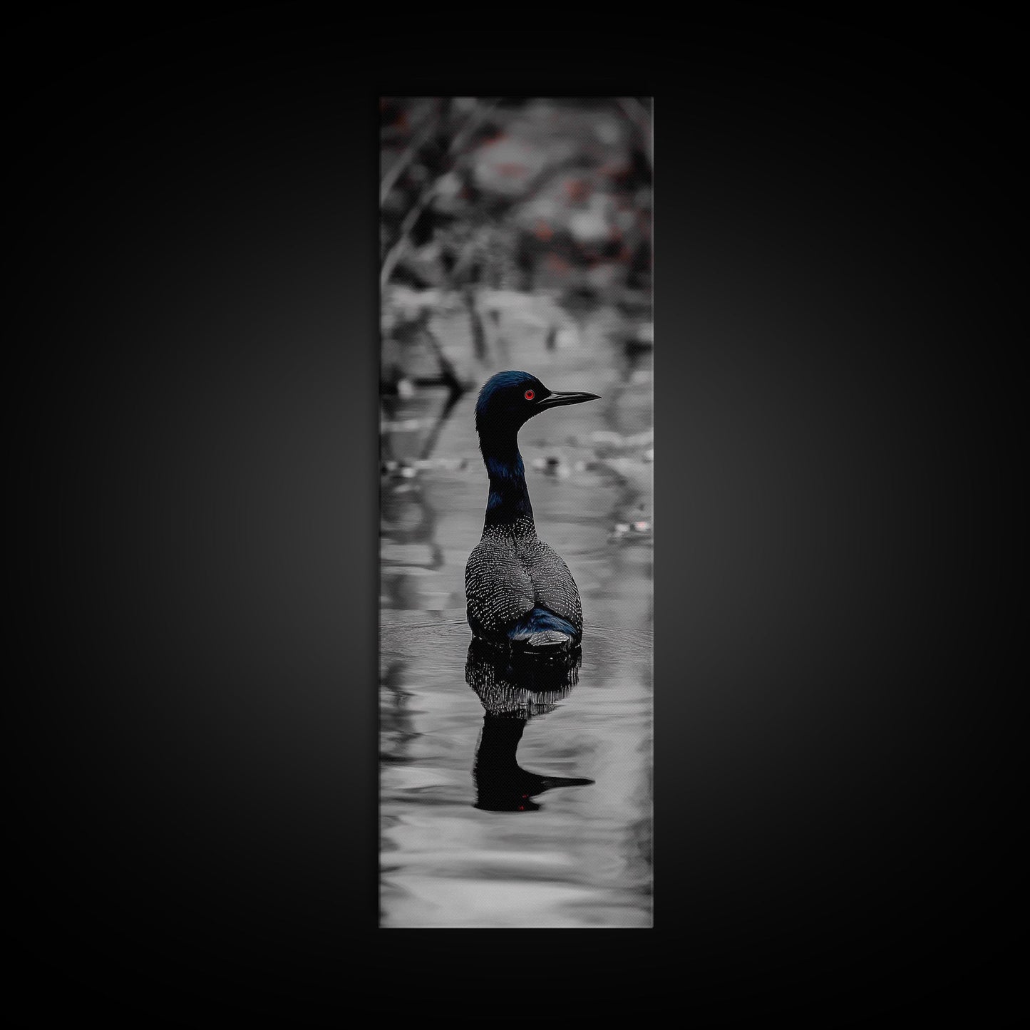 Blue Loon, Water Reflection, Elegant Bird, Lake Life Framed Canvas Print, cabin decor, nature wall art, minimalist bird art, office wall art