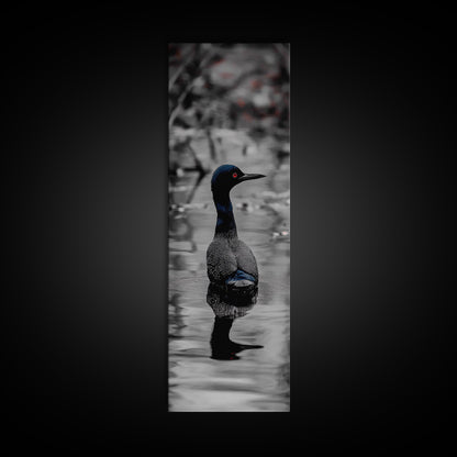 Blue Loon, Water Reflection, Elegant Bird, Lake Life Framed Canvas Print, cabin decor, nature wall art, minimalist bird art, office wall art