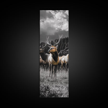 Majestic Elk, Forest Wildlife, Autumn Scene, Nature Herd, Framed Canvas Print, rustic lodge decor, cabin wall art, woodland style