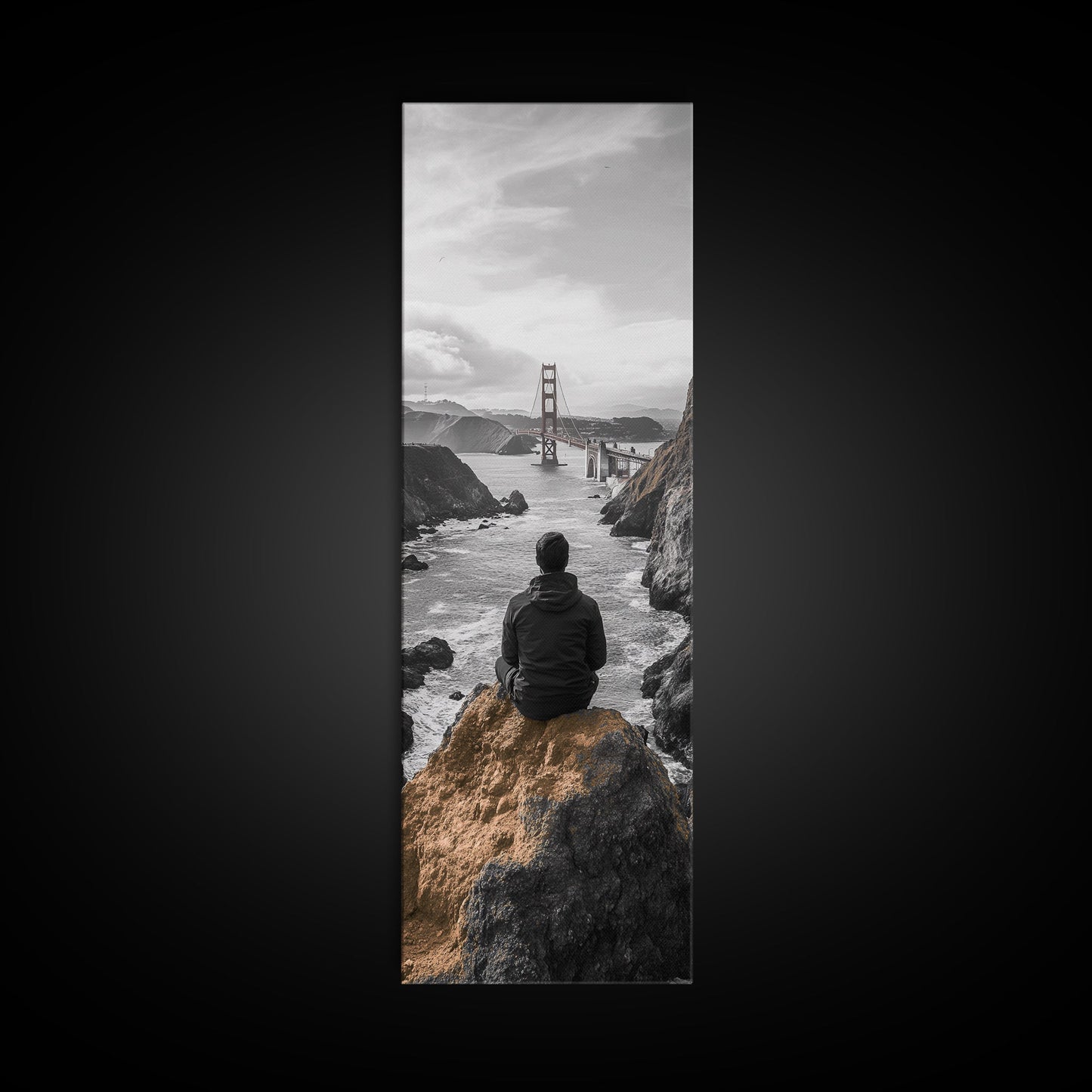 Golden Gate, Solitude View, Man on Cliff, Iconic Bridge, Framed Canvas Print, Travel Wall Art, Office Inspiration, Moody Coastal Decor