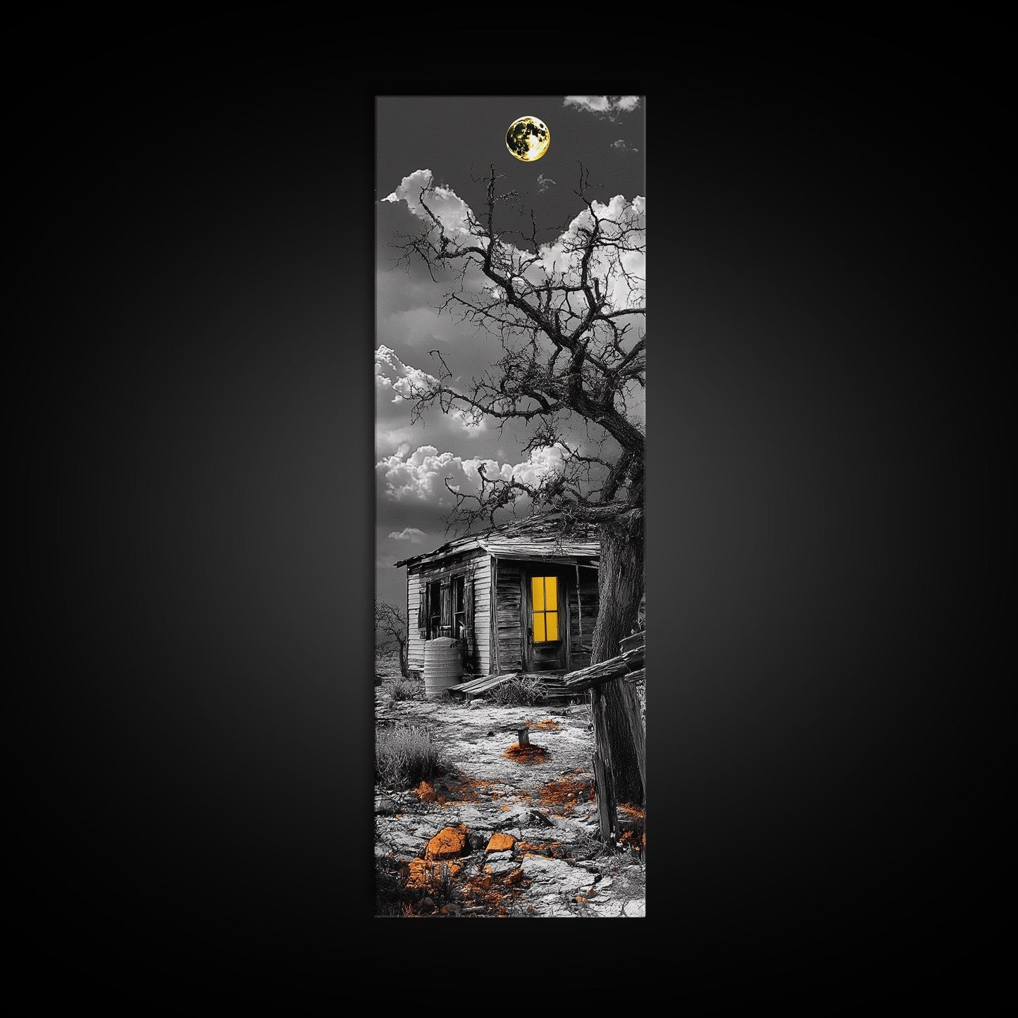 Haunted Cabin, Yellow Light, Full Moon, Framed Canvas Print, Halloween Wall Art, Gothic Decor, Spooky Home Accent, Fall Vibes